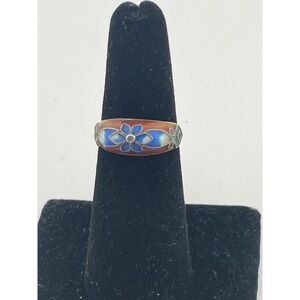 Vintage Chinese Export Silver Ring Cloissone Enamel Flower Sterling Sz 6 Red Blu